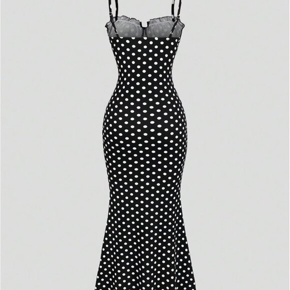 Women's Polka Dot Fishtail Maxi Dress with Ruched Bust Frill Trim - Picture 2 of 5